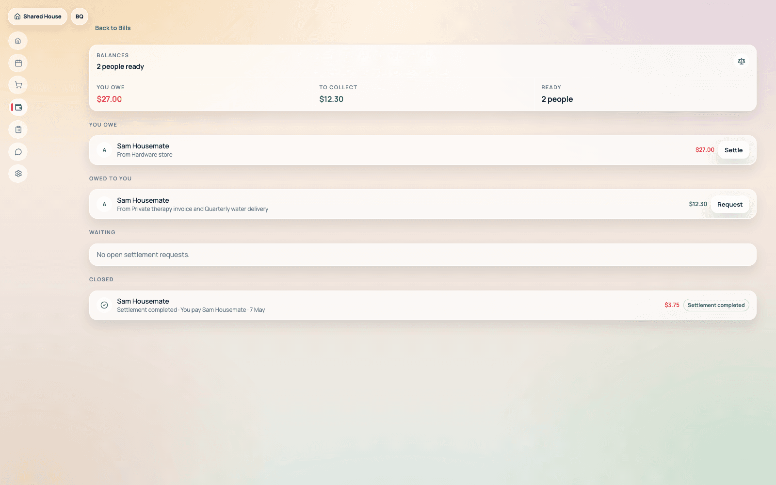 Bills & Repayments product screenshot for Less spreadsheet energy