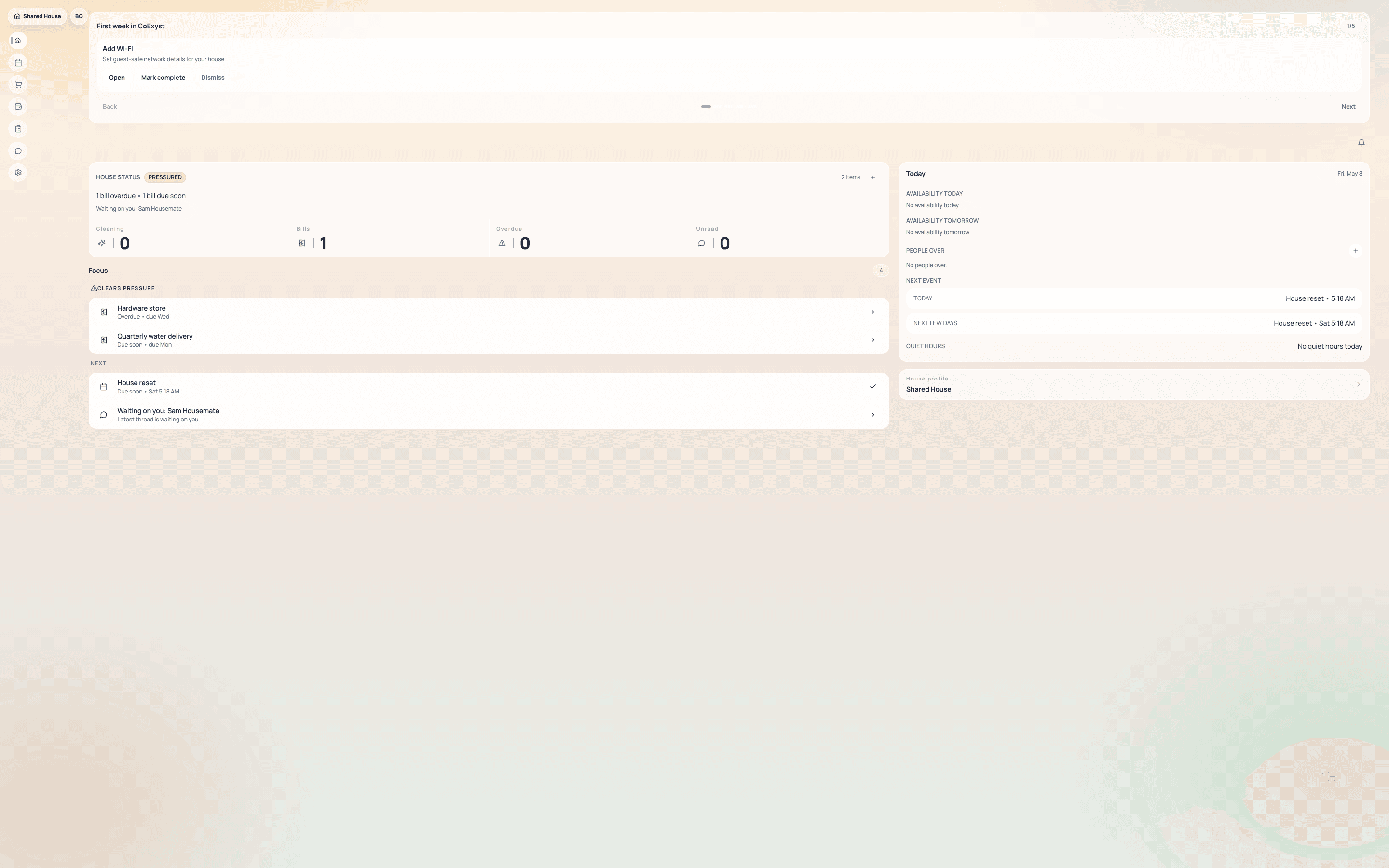CoExyst shared-home operating system dashboard